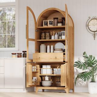 Natural 71.2 in. H Arched Storage Cabinet with Door Shelves, Adjustable Shelves, Hidden Drawer & Glass Door | The Home Depot
