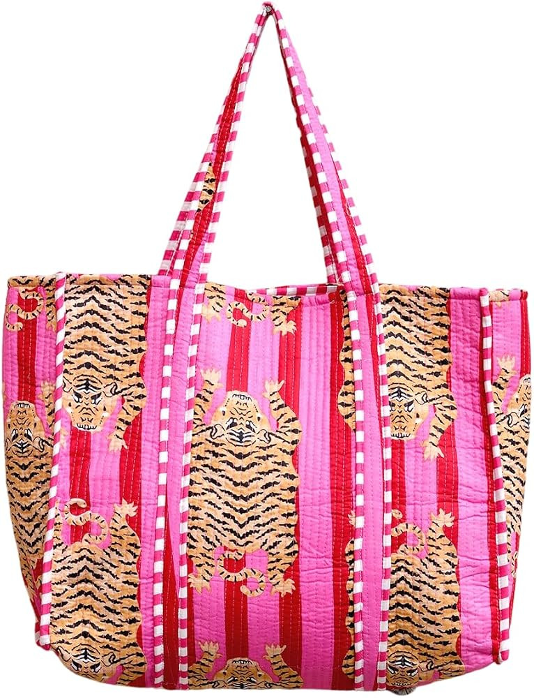YILLE Cotton Quilted Floral & Tiger Print Tote Bag, 18 x 18 inches For Grocery Shopping, Travel | Amazon (US)