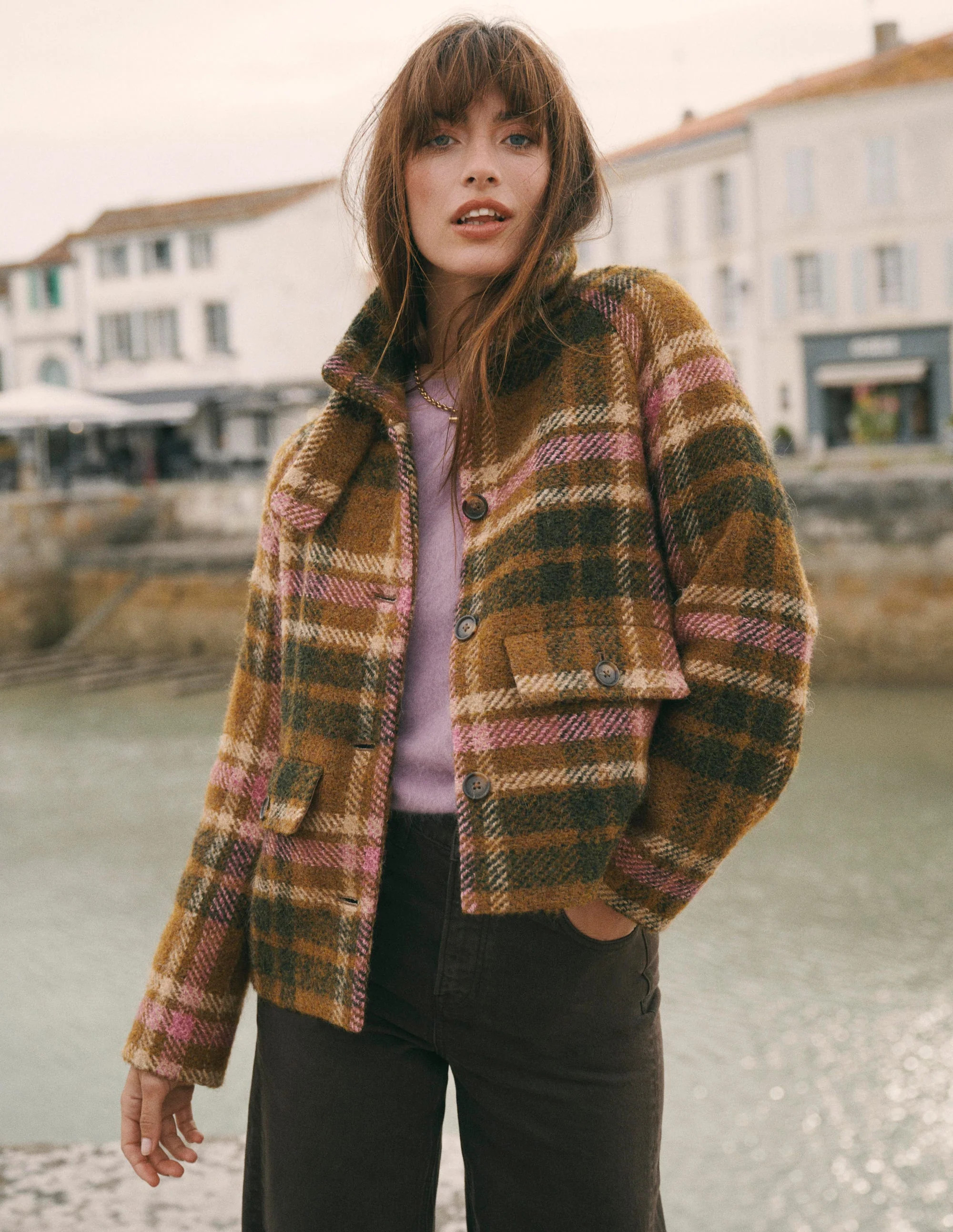 Short Funnel Neck Wool Coat-Green and Pink Check | Boden (US)