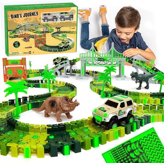 JITTERYGIT Dinosaur Jurassic Race Track Train Glow in The Dark World Toy Set, Kids Dino Racetrack... | Amazon (US)