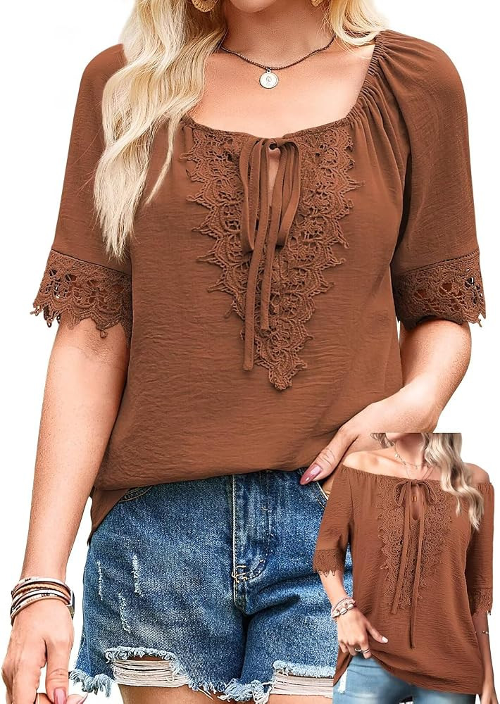 Womens Summer Tops Sexy Boho Off The Shoulder Shirts Crochet Lace Half Sleeve Blouses Flowy Crewn... | Amazon (US)