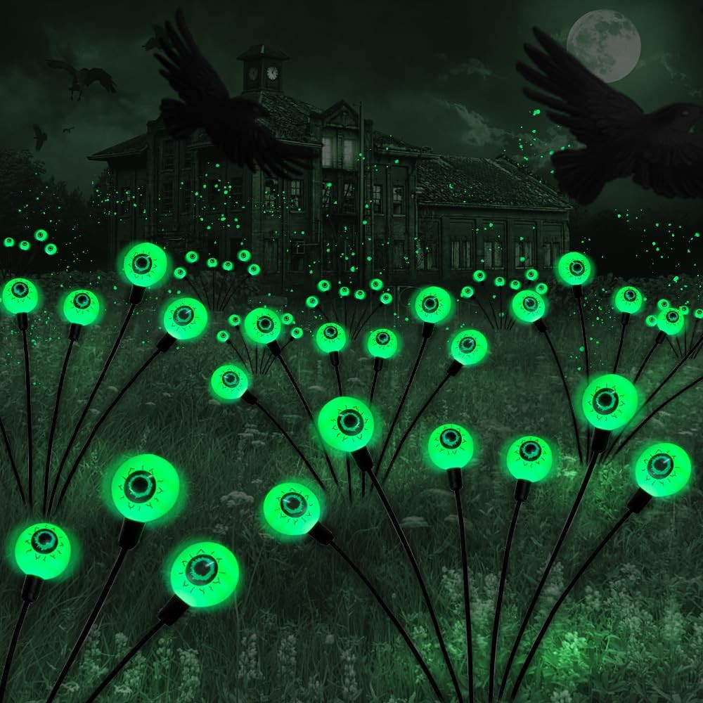 BeHiller Halloween Decorations Outdoor Solar Scary Eyeball Lights,2PACKS 12LED Green Eyeball Swaying Firefly Lights,Waterproof Solar Halloween Path Lights for Yard/Garden/Lawn/Party Decor | Amazon (US)