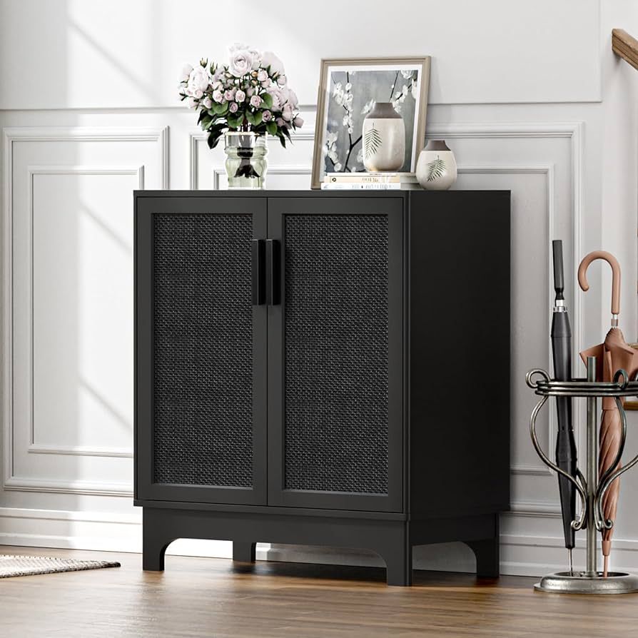 Anmytek Black Rattan Cabinet, Natural Rattan Storage Cabinet with 2 Doors Adjustable Shelf Large ... | Amazon (US)