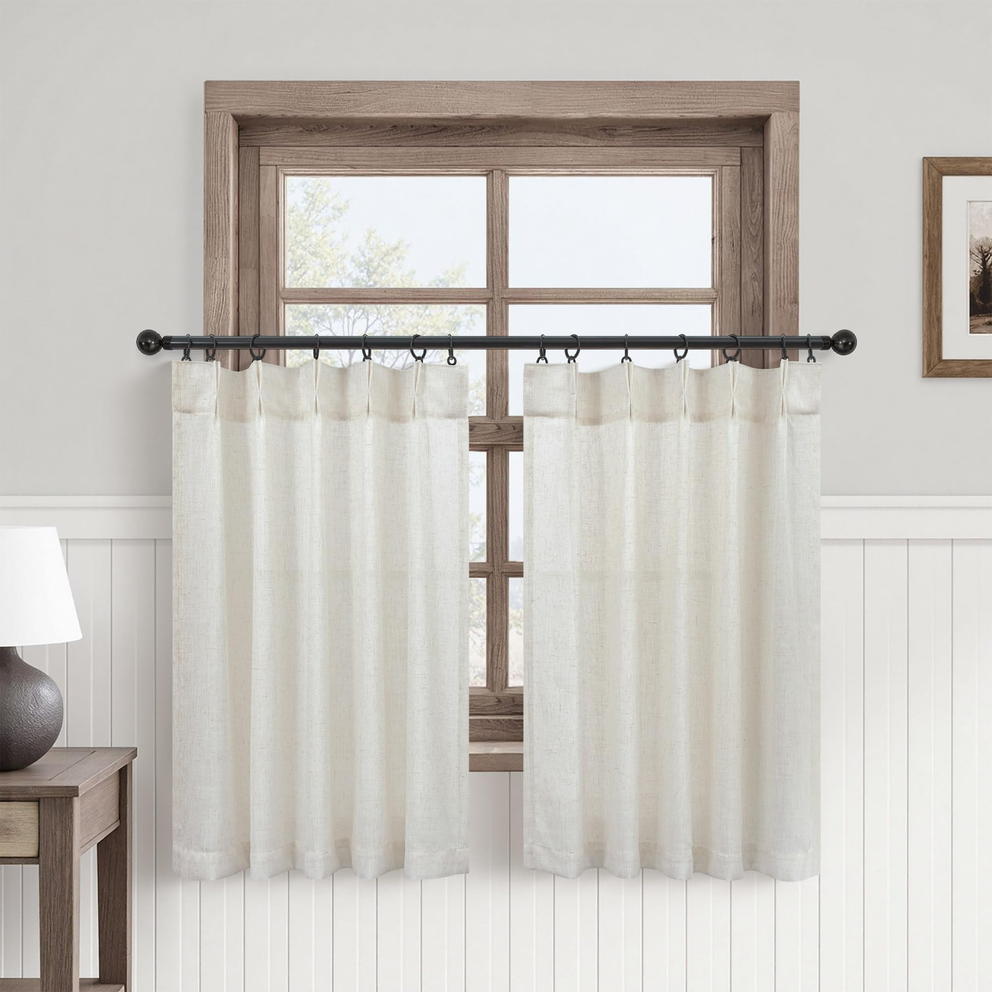 Kitchen Cafe Curtains 24 Inch Length 2 Panels Set Pinch Pleat Light Filtering Sheer Privacy Linen... | Amazon (US)