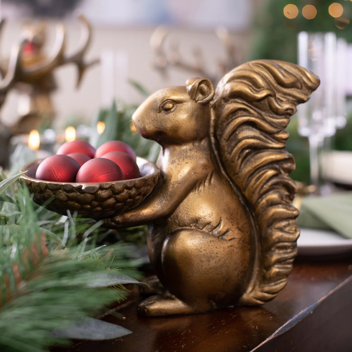 Eric + Eloise Samantha Squirrel Bronzed Aluminum Dish Stand Tabletop Decor | Darby Creek Trading