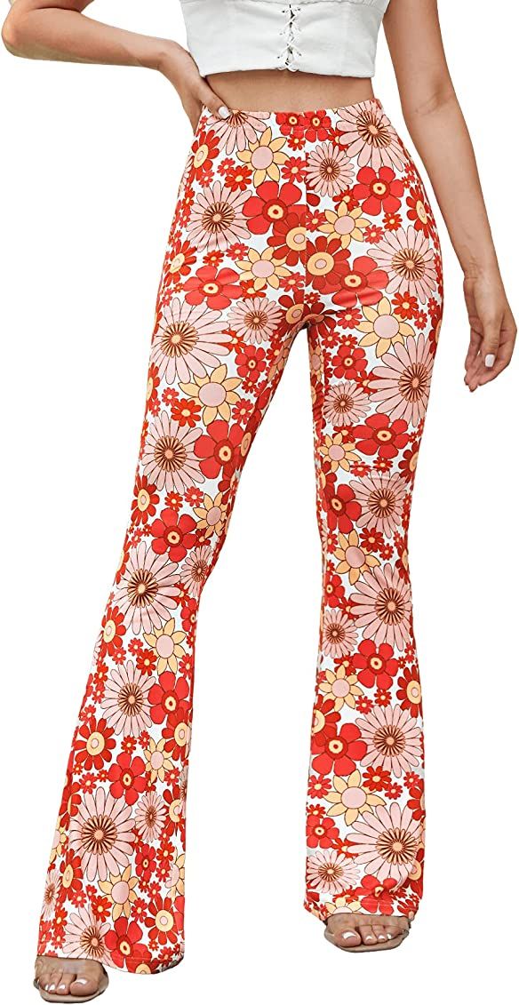 Romwe Women's Bootcut High Waisted Yoga Pants Sunflower Print Wide Leg Pants Trousers | Amazon (US)