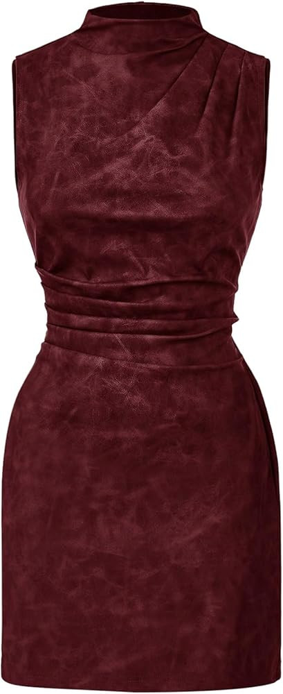 Women's PU Leather Ruched Bodycon Dresses Mock Neck Sleeveless Zipper Mini Tank Dress Burgundy Me... | Amazon (US)