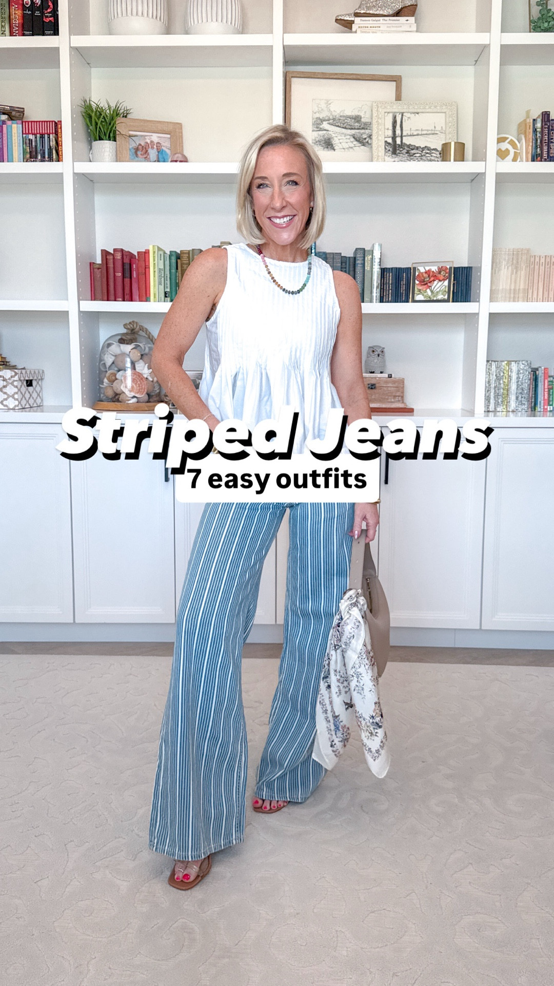 Striped Jeans - 7 easy outfits
* High Rise Floral Barrel Jeans - size 00/24, Regular. 40% off + an additional 20% with code ALLYOURS.
* Striped High Rise Soft Wide-Leg Jeans - size 24, Regular. 40% off + an additional 20% with code ALLYOURS.
* Tan Tank - size XSmall.
1. Sleeveless Pintuck Peplum Top - size XS. $24. 4 colors.
2. Double-Pocket Denim Popover Top - size XS. 50% off.
3. Floral Lace Top - size Small.
4. Tie-Front Peplum Short Sleeve Top -size Small.
5. Lace-Mesh Short Sleeve Swing Top - size Small.
6. Babydoll Eyelet V Neck Short Sleeve Blouse - size Small.
7. Floral Tee - unfortunately this one is no longer available, but I linked another tee I would wear!

#LTKSaleAlert #LTKOver40 #LTKSeasonal