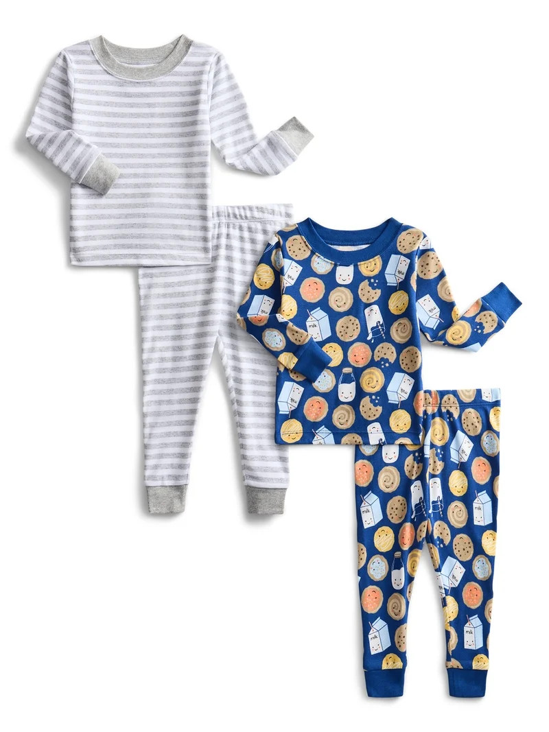 Wonder Nation Toddler Boys or Girls Cotton Snug Fit Long Sleeve Pajama Top and Pants Set, 4-Piece... | Walmart (US)