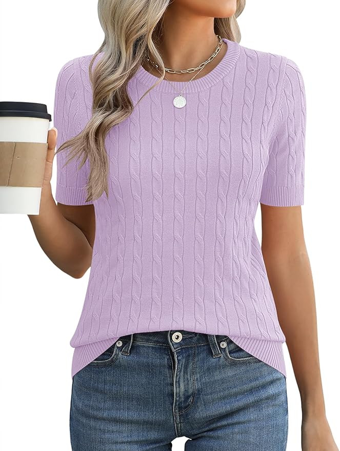 Micoson Womens Short Sleeve Cable Knit Sweater Tops Crewneck Lightweight Spring Summer Shirts Bus... | Amazon (US)