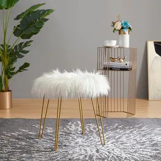 Modern Contemporary Faux Fur Round Ottoman with Gold Metal Legs - 17" L x 17" W x 18" H - White | Bed Bath & Beyond