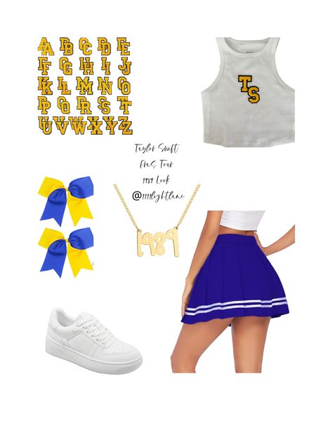 Eras Tour Outfit, Taylor Swift 1989 look, Taylor Swift Cheerleader Costume, Taylor Swift Halloween costume 
*I used fabric glue to attach the TS and the tank top & the white tennis shoes are a great Nike Air Force Dupe for only $30

#LTKstyletip #LTKunder100 #LTKFind