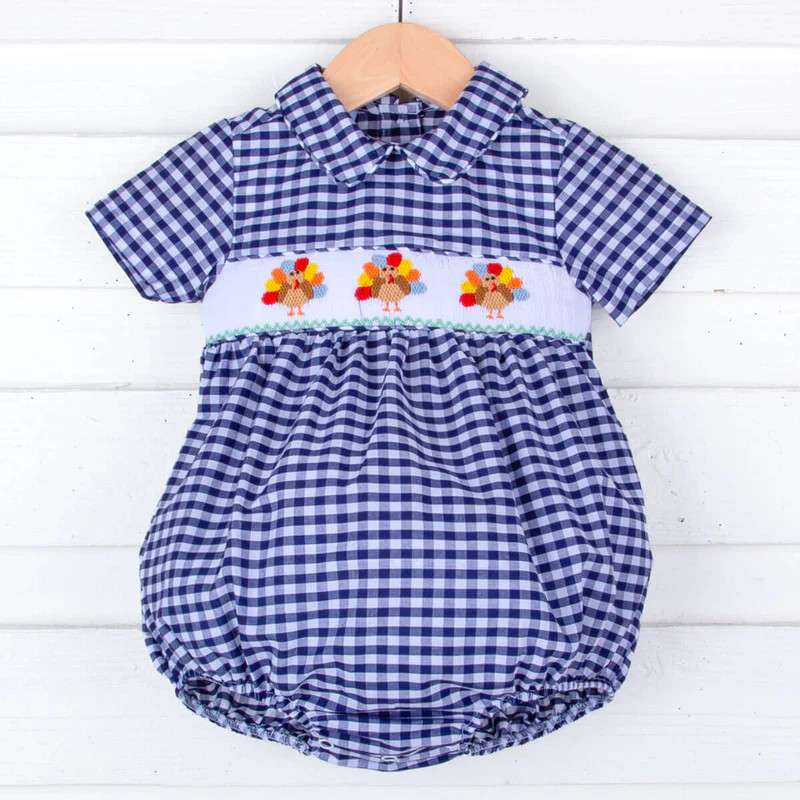 Sweet Turkey Navy Gingham Smocked Collared Bubble | Classic Whimsy
