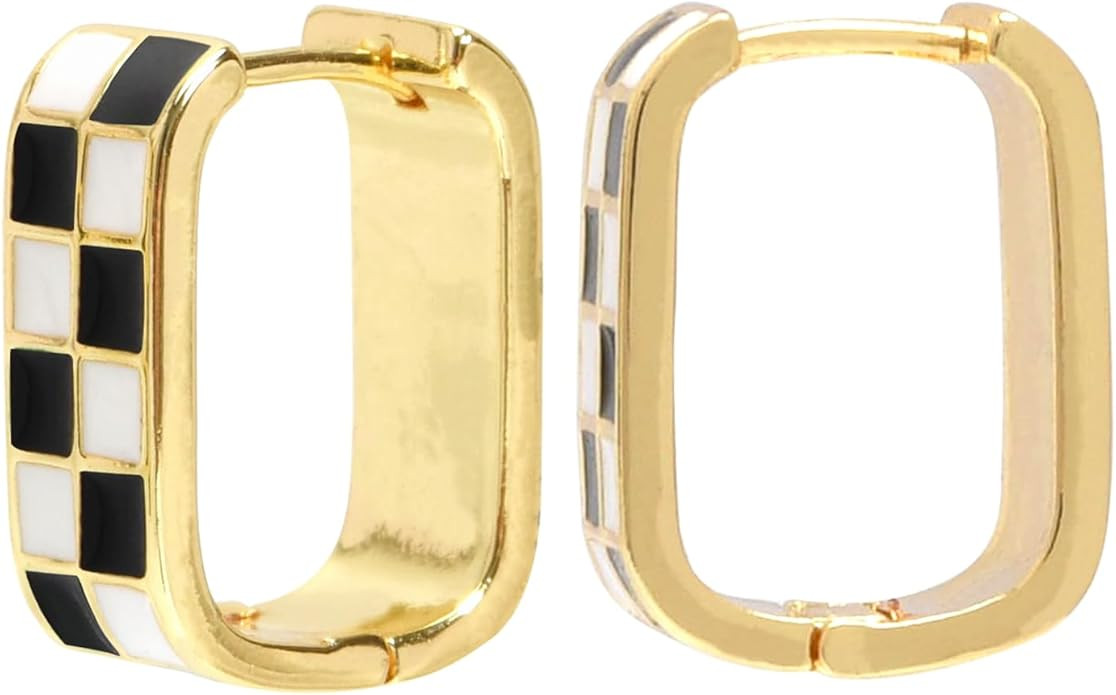 Dainty Checkered Hoop Earrings, 18K Gold Filled Enamel, Chunky Oval Hoops, Hypoallergenic Earring... | Amazon (US)