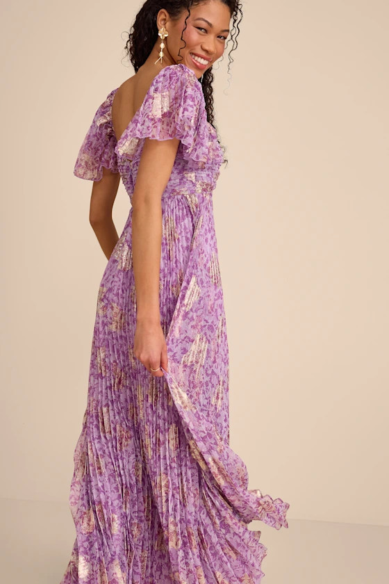 Lynwen Light Purple Abstract Pleated Flutter Sleeve Maxi Dress | spring outfit 2026 | Lulus