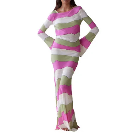 Ladies Long Bodycon Dress with Striped Pattern and Round Neckline | Walmart (US)