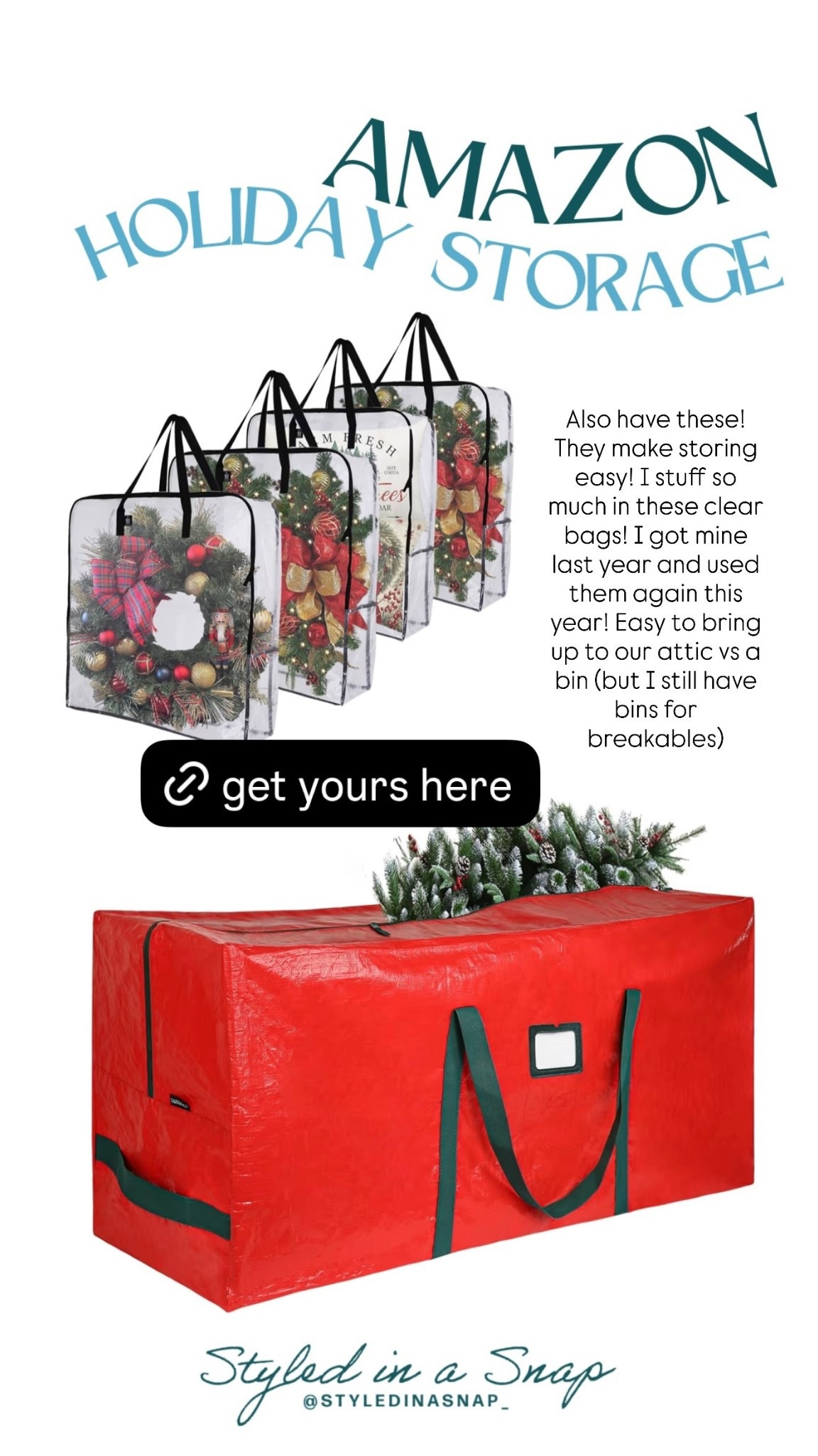 Also have these! They make storing easy! I stuff so much in these clear bags! I got mine last year and used them again this year! Easy to bring up to our attic vs a bin (but I still have bins for breakables)