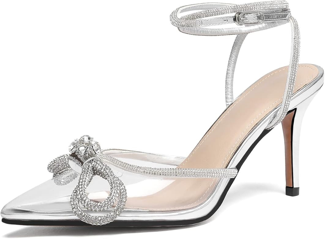 Vertundy Women's Lace up High Heeled Sandals Ankle Buckle Strap Rhinestone Bowknot Stilettos Satin P | Amazon (US)