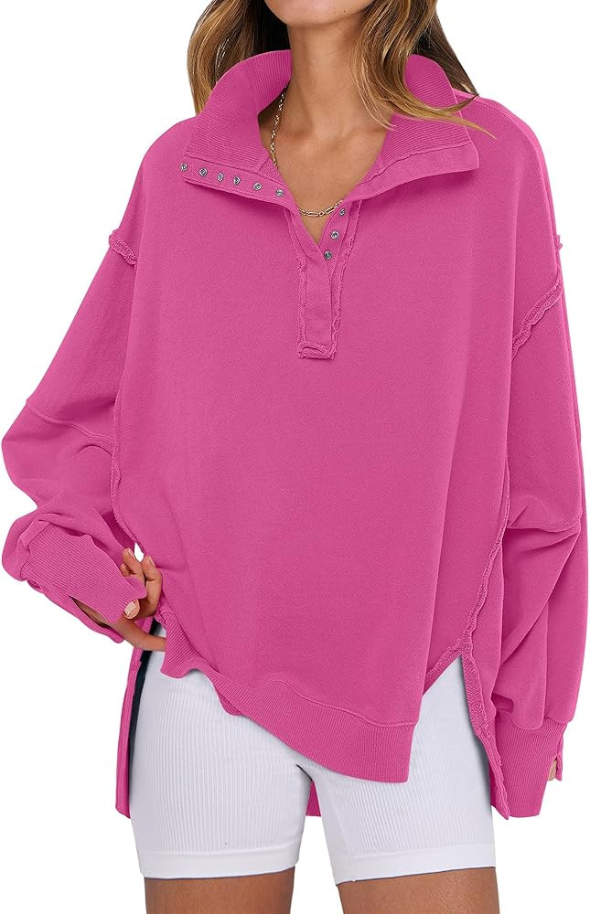 ANRABESS Women's Sweatshirts Oversized Casual Loose Button Up Henley Pullover Top High Low Split ... | Amazon (US)