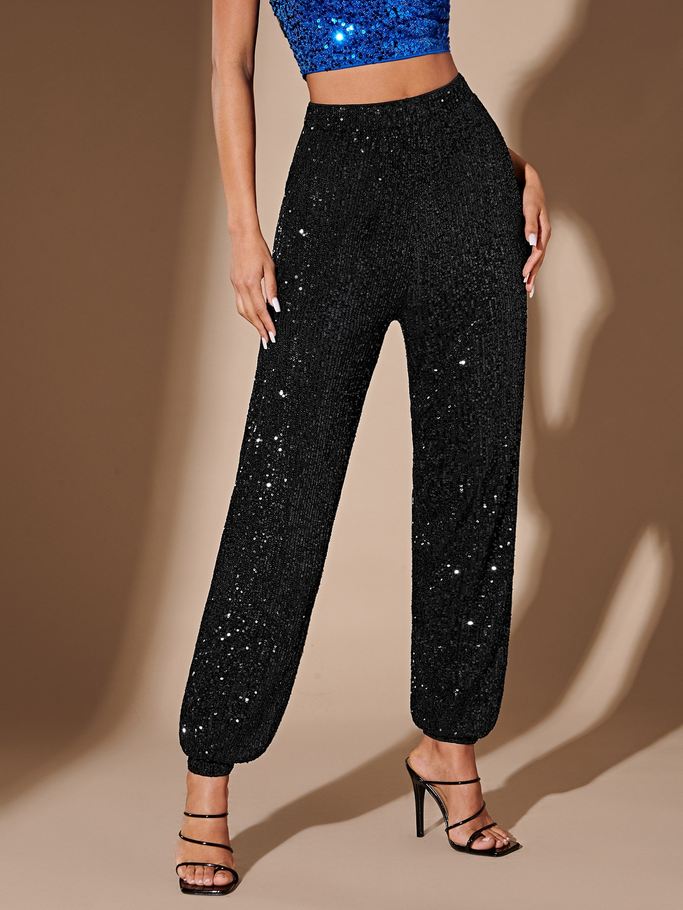 SHEIN BAE Black Beaded Ankle Cuff Lantern Pants For Women | SHEIN