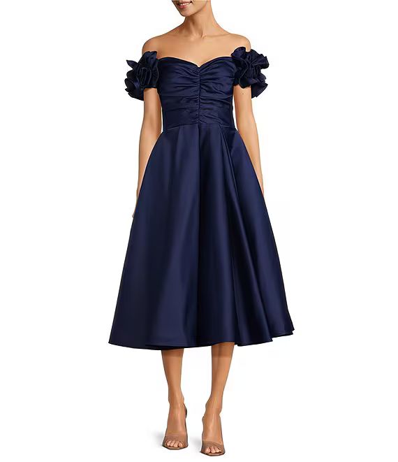 Terani Couture Satin Off the Shoulder Ruffle Cap Sleeve Fit and Flare Midi Dress | Dillard's | Dillard's