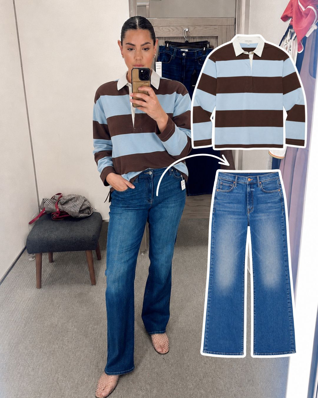 This striped polo is too good! Soft but structured fabric, runs slightly more fitted. I'm in the large. 

I'm in the 29 of the jeans -- these run slightly big! 

 