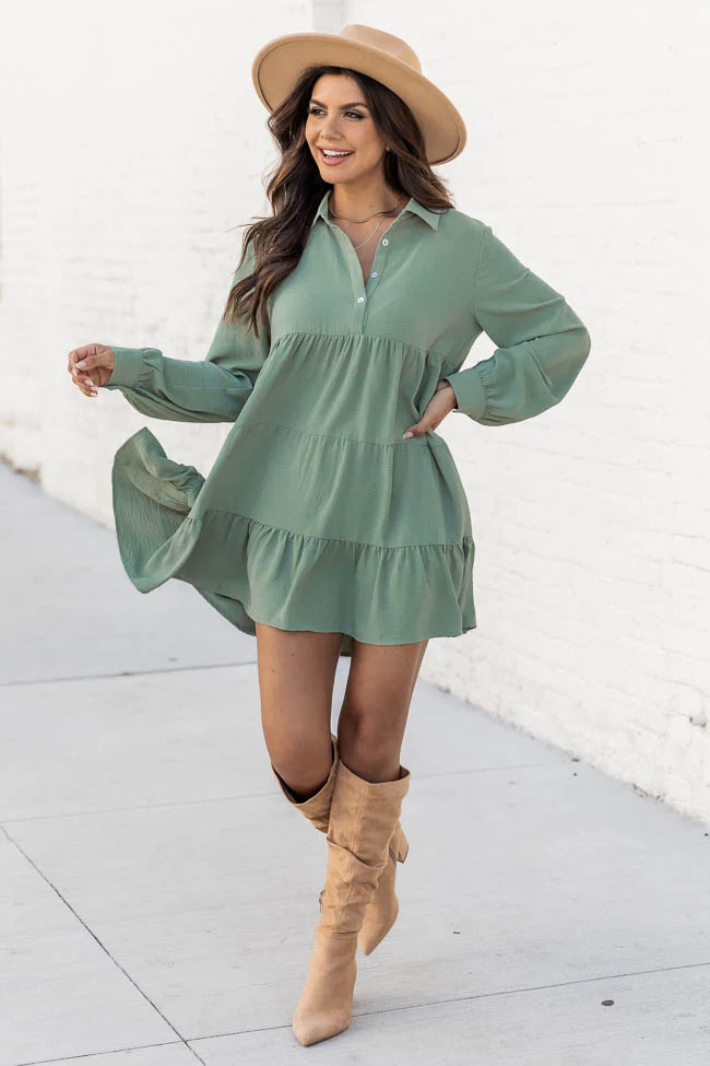 Lead Me There Olive Collared Knit Henley Mini Dress | Pink Lily