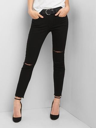 Gap Womens Mid Rise Destructed True Skinny Ankle Jeans Black Destroy Size 29 | Gap US