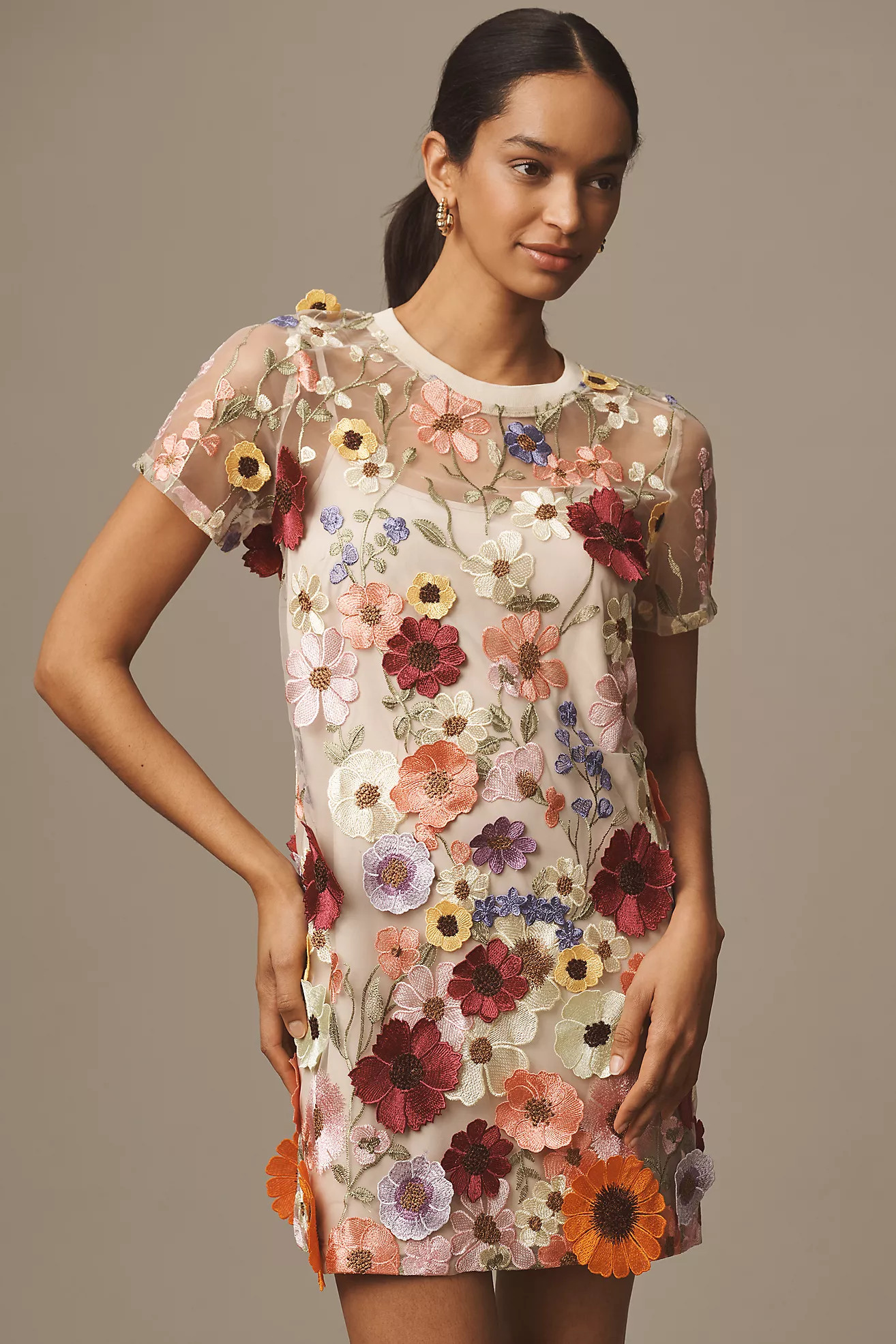 Endless Rose Short-Sleeve Floral-Embellished Sheer Shift Mini Dress | Anthropologie (US)