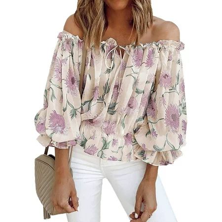 GeweYeeli Women Off Shoulder Long Sleeve Top Boat Neck Floral Printed Ruffle Loose Blouse Beige L | Walmart (US)