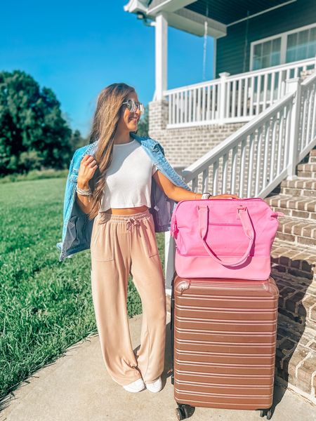 Travel day ootd, travel outfit inspo, comfy lounge pants, white crop tee, nike sneakers, chunky white sneakers, neutral travel day outfit, denim jacket, beis luggage, pink luggage, pink suitcase, pink weekender bag, travel day style 

#LTKStyleTip #LTKTravel #LTKShoeCrush