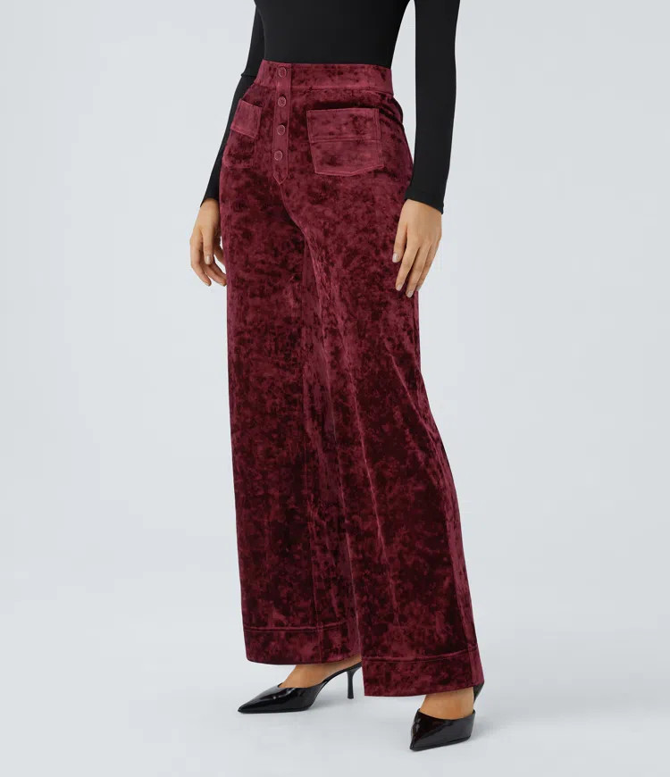 Women’s High Waisted Pockets Straight Leg Velvet Casual Pants - Halara | HALARA