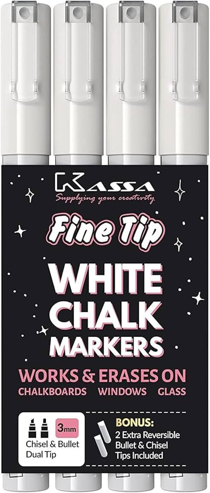 Kassa 4-Pack Fine Tip White Chalk Markers | Includes 2 3mm Reversible Bullet, Chisel Tips | Works... | Amazon (US)