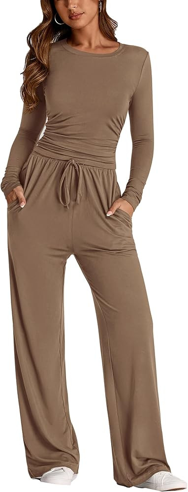 PRETTYGARDEN Women's 2 Piece Outfits Fall Tracksuits Long Sleeve Crop Tops Wide Leg Pants Spring ... | Amazon (US)