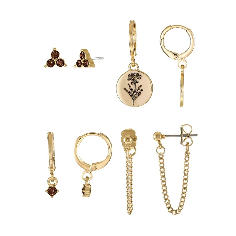 Time and Tru Goldtone Birth Flower Earring Collection, 4 Pairs, January | Walmart (US)