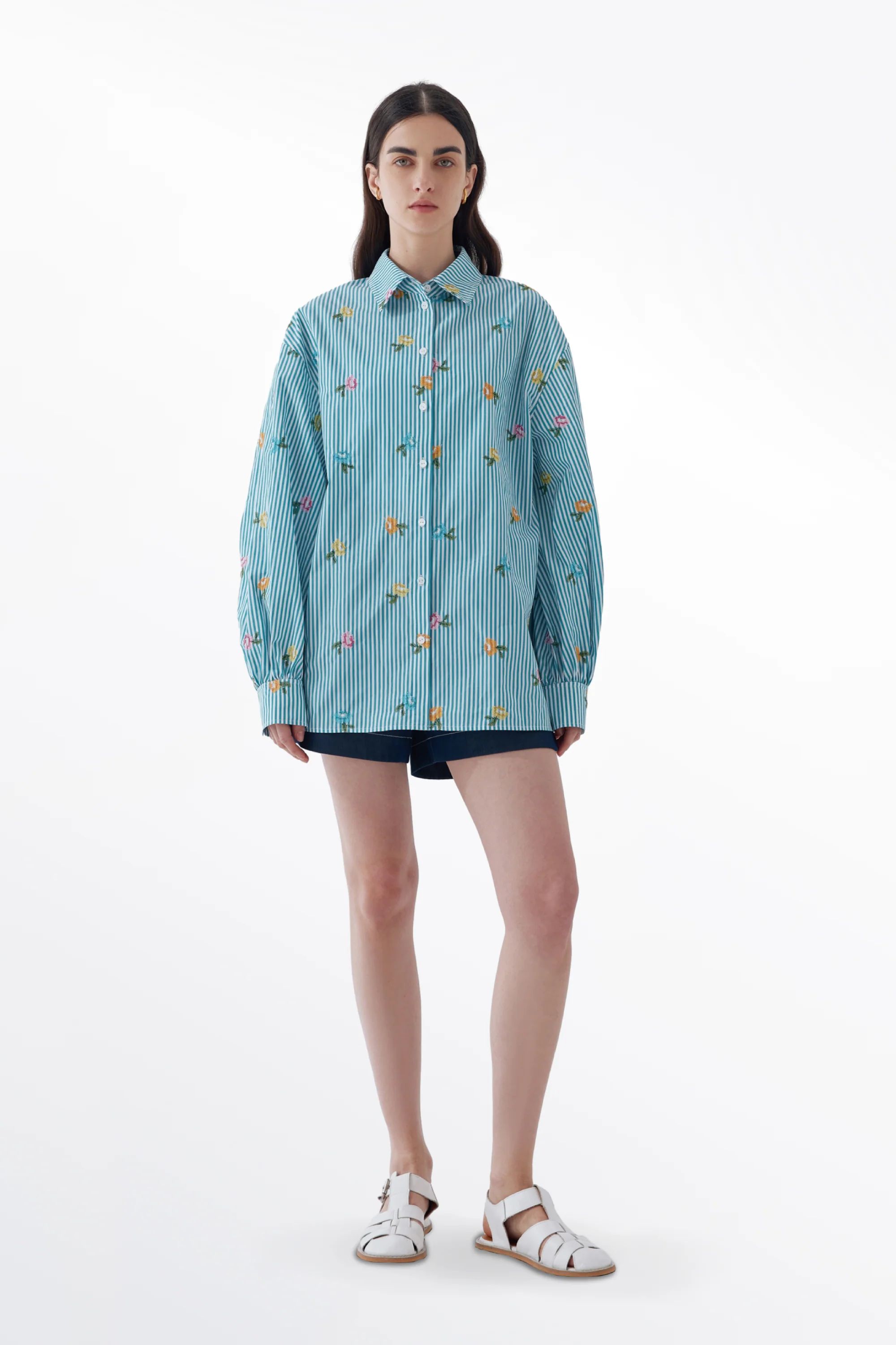 Suvi Striped Floral Embroidery Shirt in Combed Cotton | Fabrique