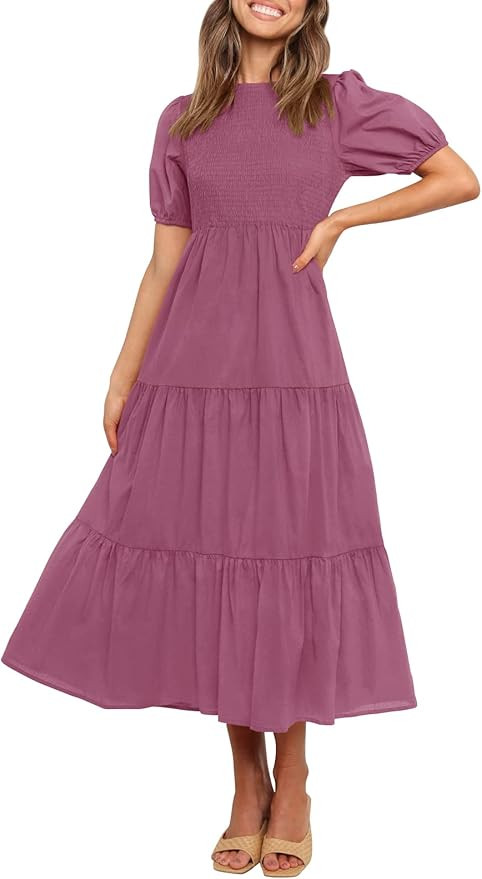 ZESICA Women's 2023 Casual Summer Crew Neck Short Puff Sleeve Smocked High Waist Ruffle Tiered A ... | Amazon (US)