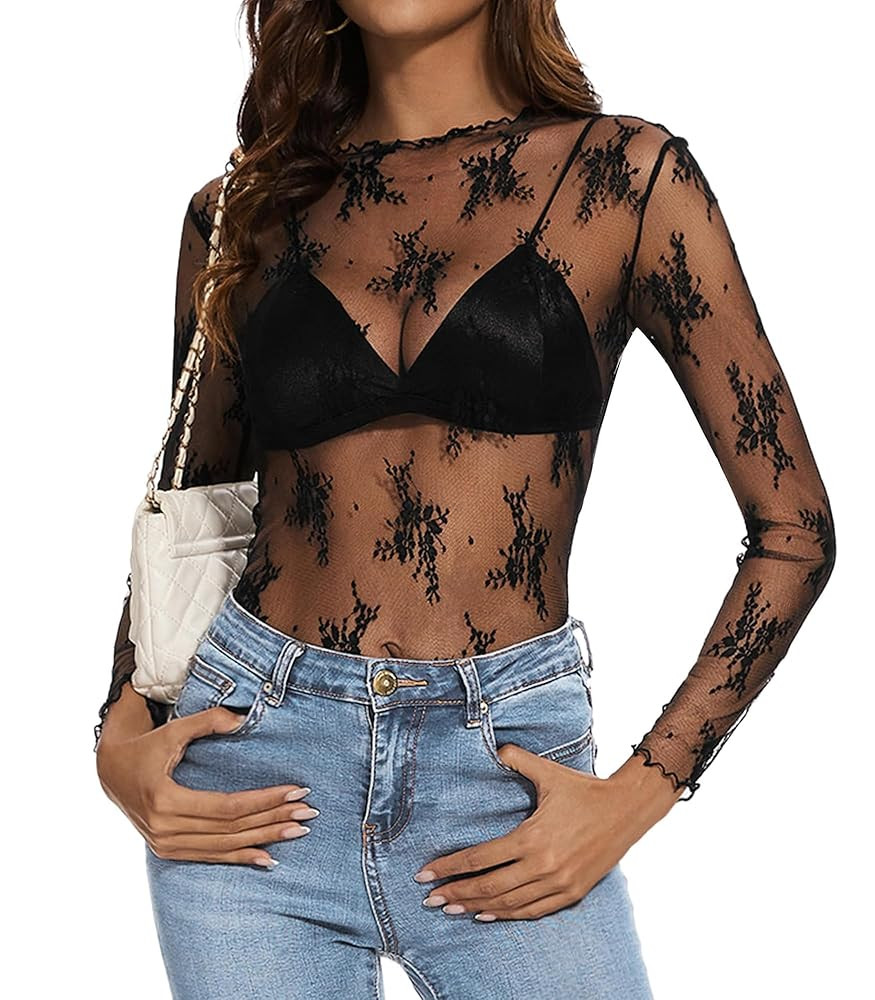 Womens Lace Mesh Long Sleeve Top Floral Sheer See Through Sexy Tops Mock Neck Shirts Party Club N... | Amazon (US)