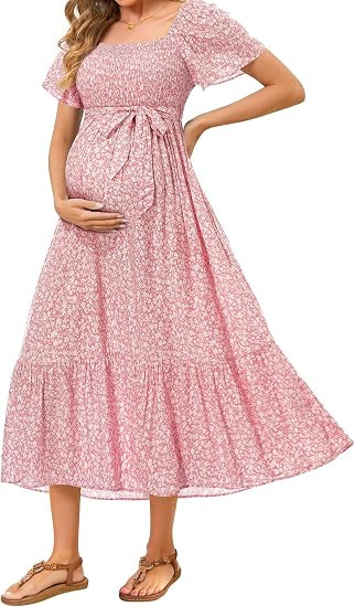 Talisea Maternity Dress for Baby Shower - Fall Spring Photoshoot Smocked Square Neck Pregnancy We... | Amazon (US)