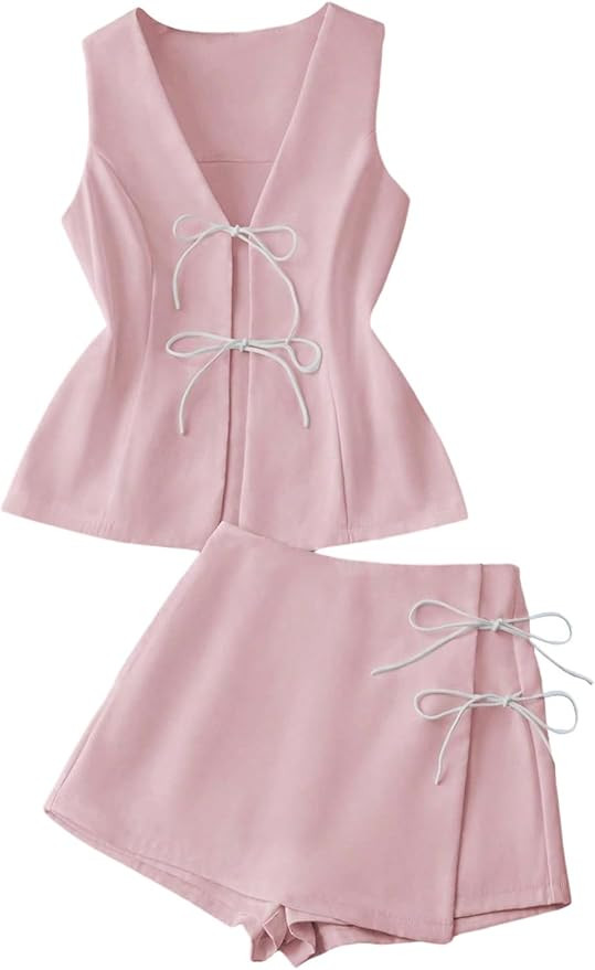 SOLY HUX Women's Summer 2 Piece Outfits Sleeveless Matching Sets Lace Up Vest and Skort Shorts | Amazon (US)