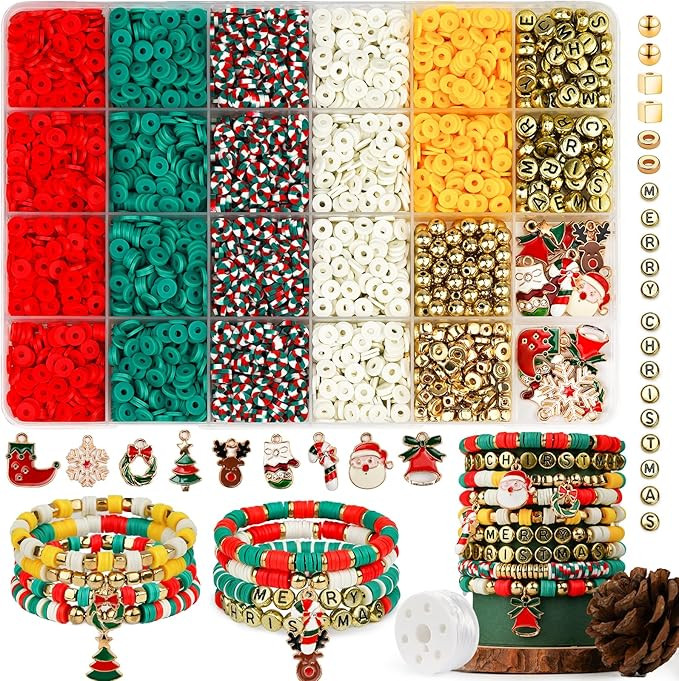 Gionlion Christmas Beads for Bracelets, Clay Beads Bracelat Making kit Golden Beads Christmas Cra... | Amazon (US)