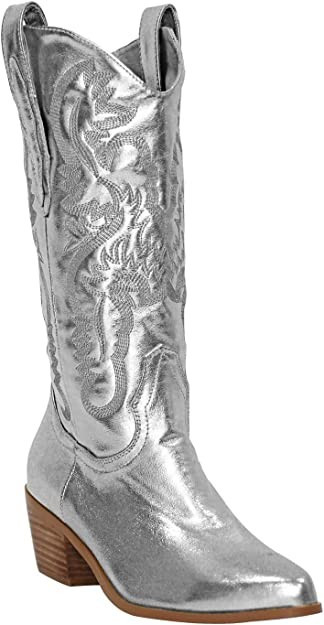 Amazon.com: MissHeel Mid Calf Cowgirl Boots Embroidered Block Chunky Heel in Pink Silver : Everyt... | Amazon (US)