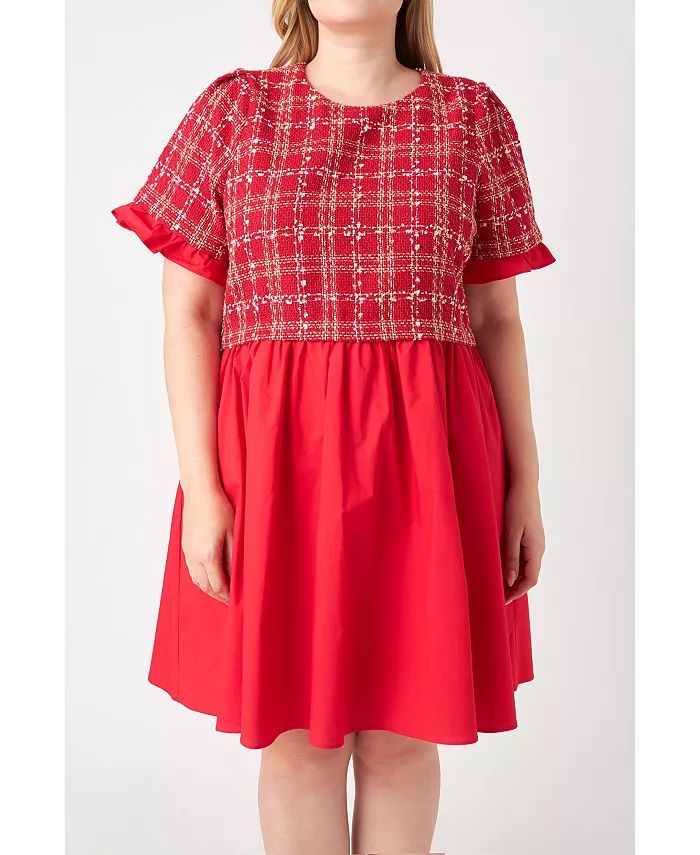 English Factory Women's Plus size Mixed Media Tweed Poplin Mini Dress - Macy's | Macys (US)