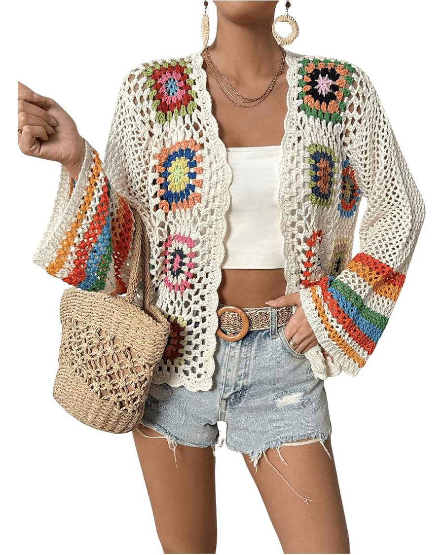 SHENHE Women's Floral Crochet Cardigan Hollow Out Open Front Long Sleeve Cardigan Sweater | Amazon (US)