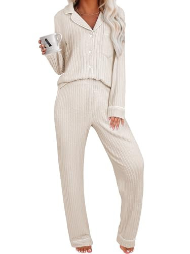 ANRABESS Women Pajama Lounge Sets 2025 Fall 2 Piece Outfits Ribbed Long Sleeve Matching PJ Set Sleepwear Loungewear Beige X-Large | Amazon (US)