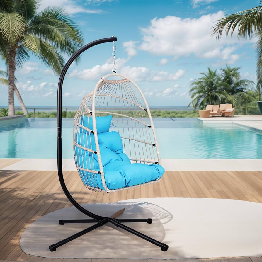 Egg Chair with Stand Outdoor Foldable Patio Wicker Hanging Swing Chairs for Bedroom Balcony with ... | Amazon (US)