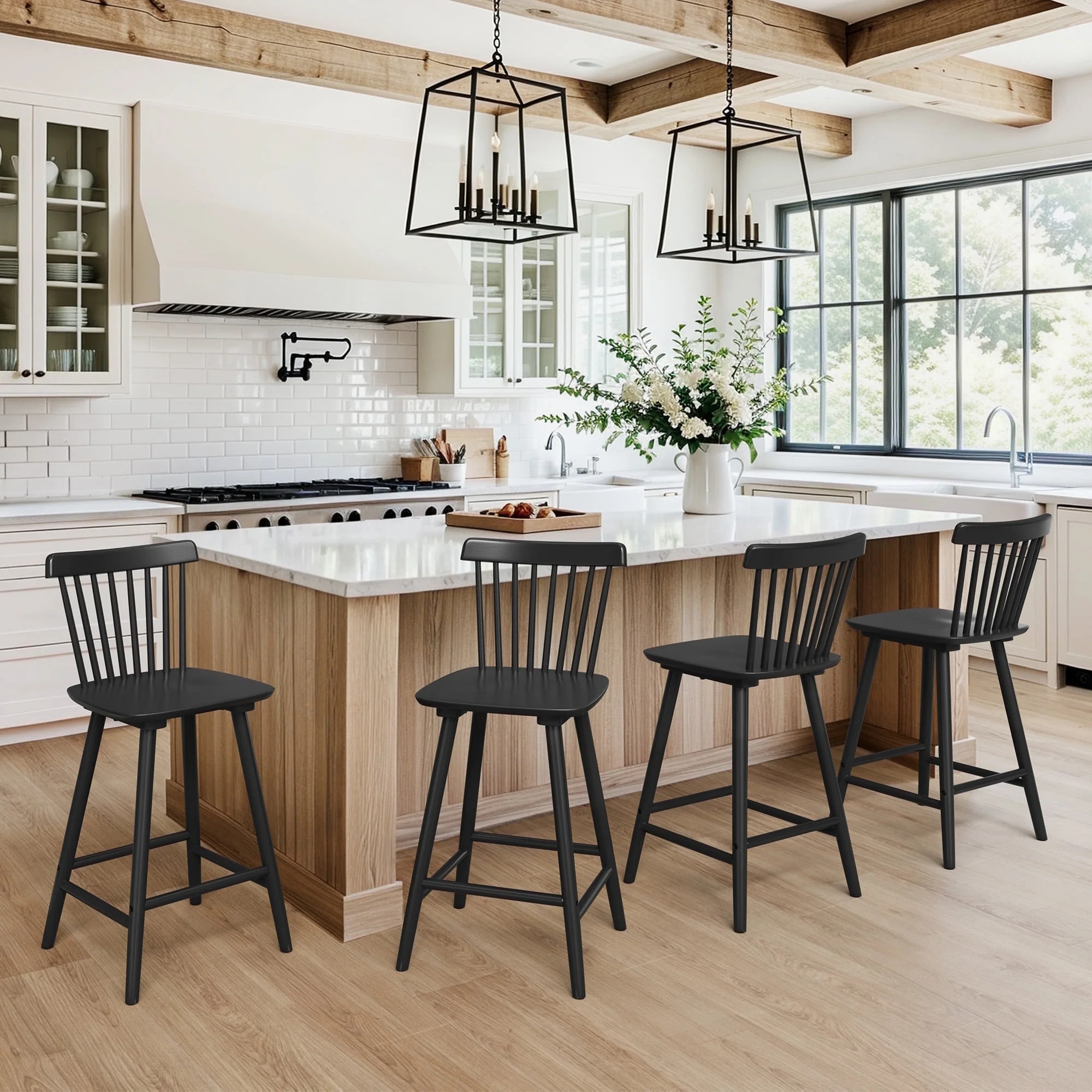 Dycanpo 24'' Wooden Windsor Counter Height Chairs Set of 4, Farmhouse Kitchen Stools with Back,Bl... | Walmart (US)