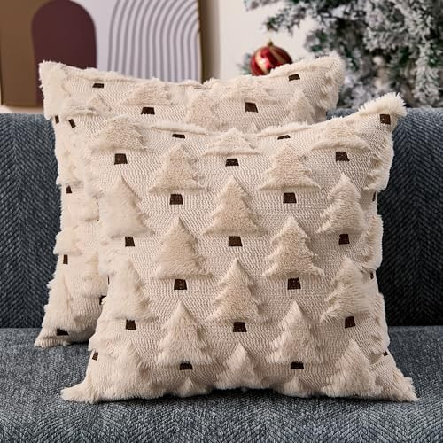 Christmas Pillow Covers 18x18 inch Set of 2 Xmas Decorations Soft Plush Faux Fur Wool Beige Chris... | Amazon (US)