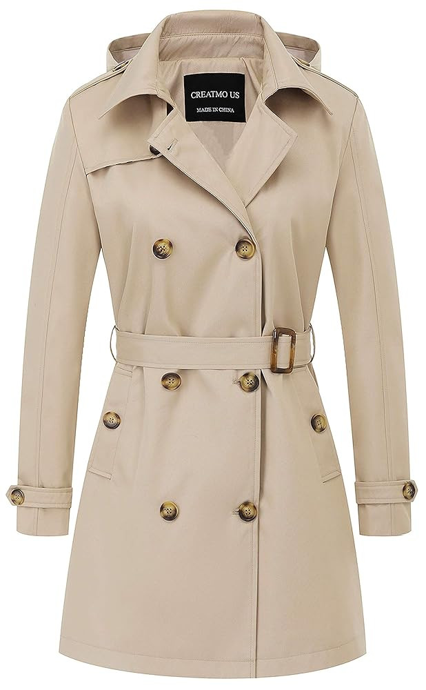 CREATMO US Women's Trench Coat Double-Breasted Classic Lapel Overcoat Belted Slim Outerwear Coat ... | Amazon (US)