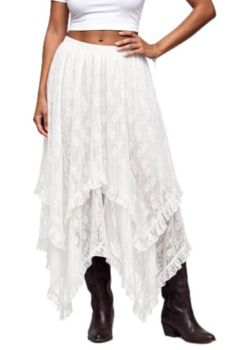 Lace Skirt for Women Asymmetrical Flowy Boho Maxi Skirts White M | Amazon (US)